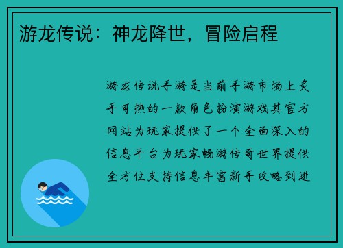 游龙传说：神龙降世，冒险启程